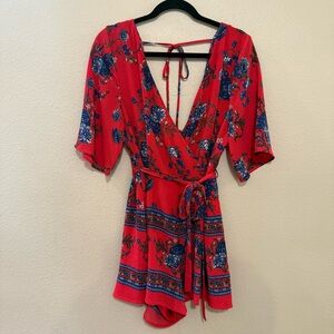 Trixxi Vibrant Red and Blue Patterned Romper